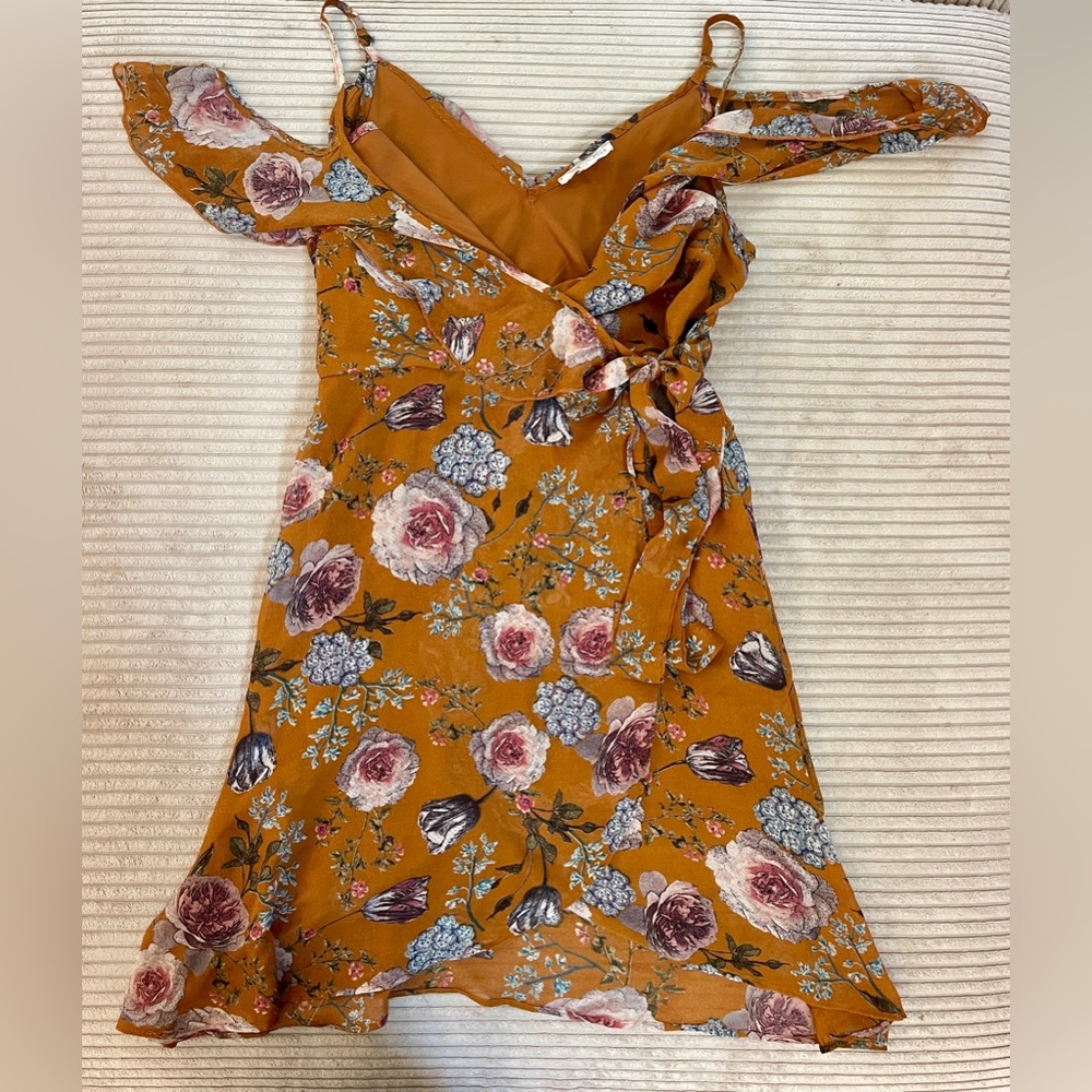 Floral Flouncy Off the Shoulder flutter wrap mini dress